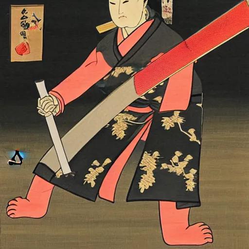 Prompt: Japanese painting of a Nekomata wielding multiple Katana.