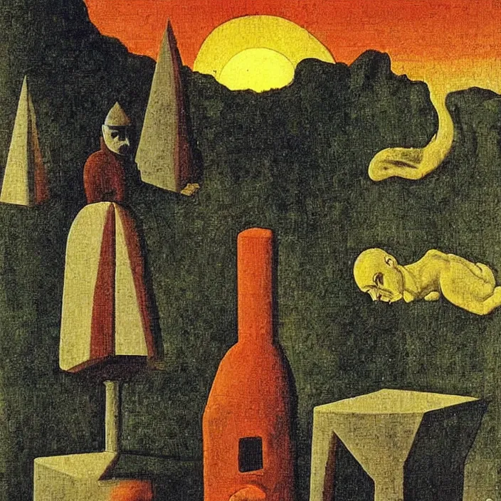 Image similar to obituary for an alchemist at sunset. painting by uccello paolo, max ernst