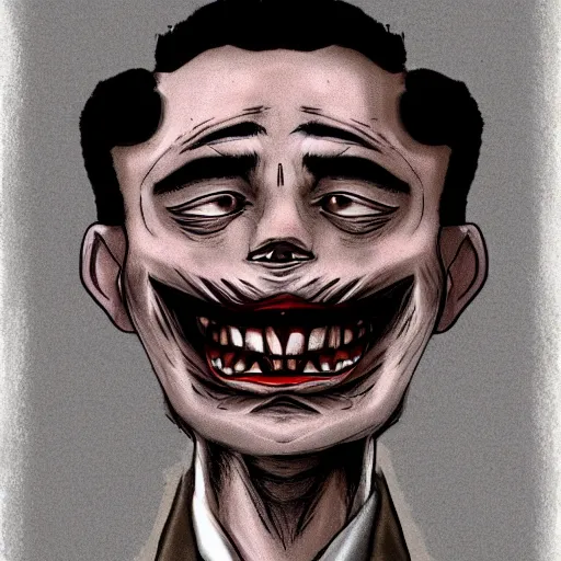 Prompt: a man with a profoundly crooked smile, potrait, in the style of junji ito