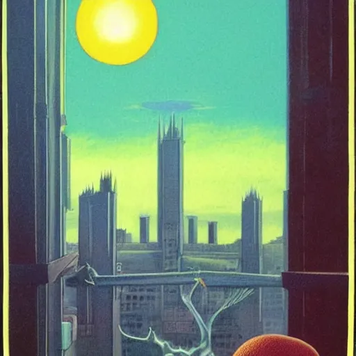 Image similar to funereal, lush by quint buchholz, by guido crepax. a beautiful painting of a large, orange monster looming over a cityscape. the monster has several eyes & mouths, & its body is covered in spikes. it seems to be coming towards the viewer, who is looking up at it in fear.