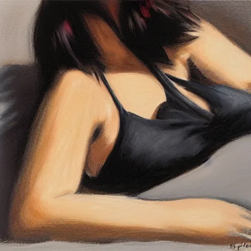 Prompt: Ground Level Shot of a dark haired woman wearing a black dress, on a bed. by fabian perez