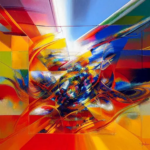 Image similar to abstract art representing momentum, oil painting by john berkey and gabriel dawe, masterwork