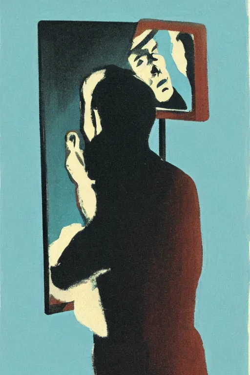 Image similar to man looking into a mirror, 1960’s minimalist advertising illustration, painterly, expressive brush strokes