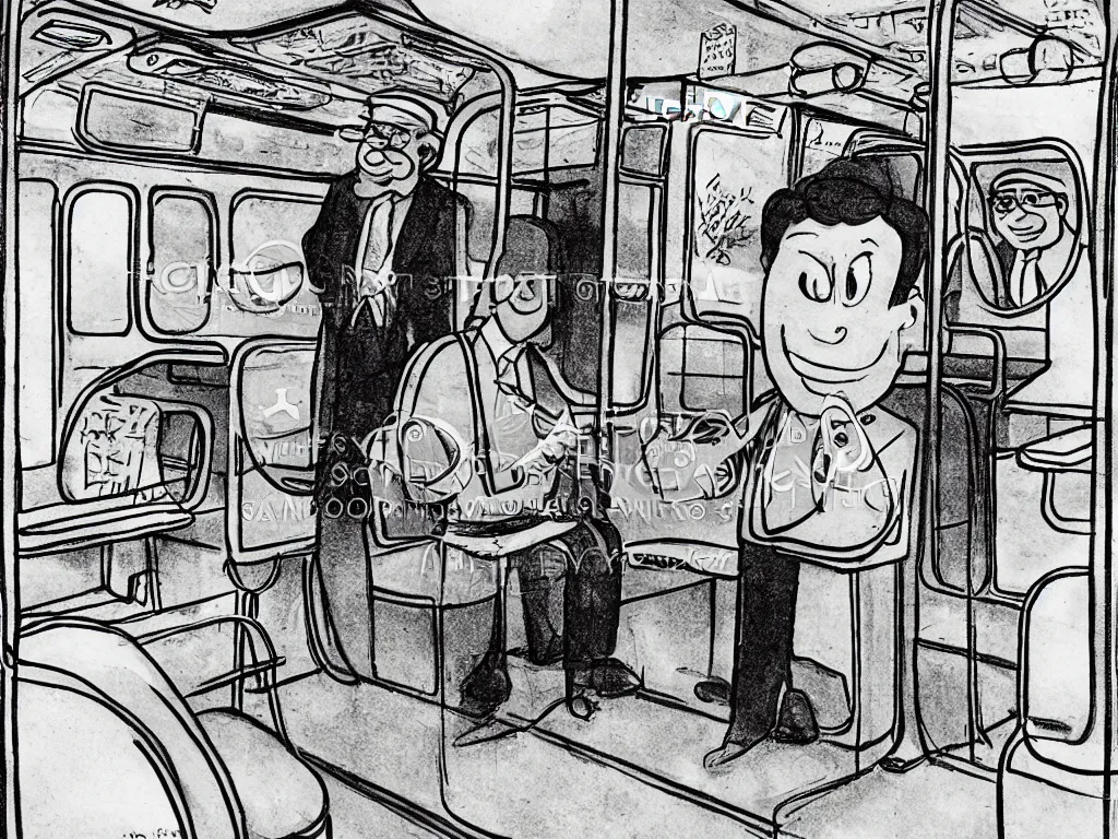 Prompt: (a flat shaded cartoon man in the style of Berkeley breathed), (sitting in a photo real Chicago subway car)