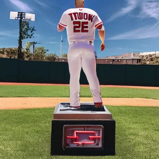 Image similar to “a realistic detailed photo of a guy who is named Mike Trout a baseball player, frozen like a statue, with shiny skin, by a pool, on display”