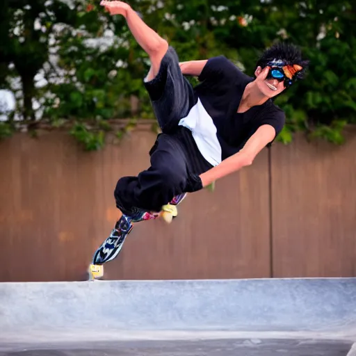 Prompt: brook aka soul king from one piece, skateboarding like a pro, still, doing a handplant skateboarding trick, wearing sun glasses