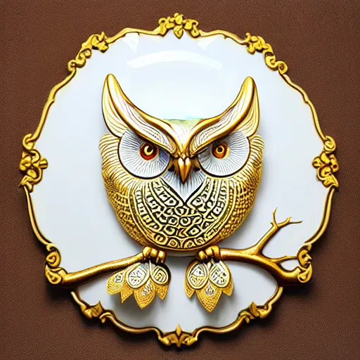 Prompt: gorgeous ornated snow white porcelain realistic detailed sacred owl wall decoration with golden filigree carved out of ivory