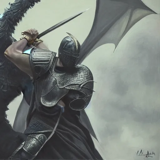 Prompt: Kanye west as a knight in armor fighting a large dragon, painting trending on artstartion