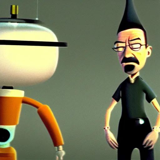 Prompt: a screenshot of Walter White in Meet The Robinsons (2007) vhs quality, set on night