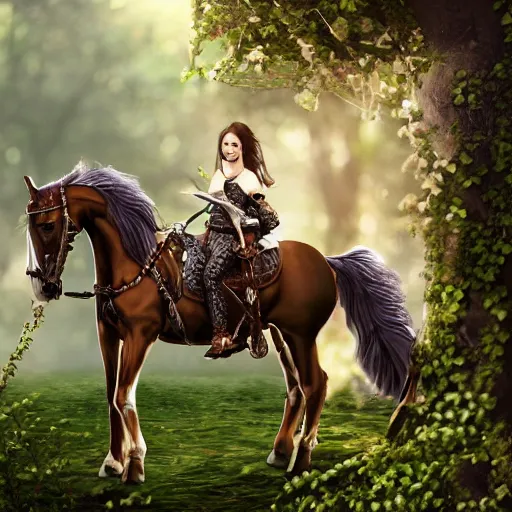 Prompt: Young woman sitting on horse skeleton covered with ivy, rpg, dnd, 4k