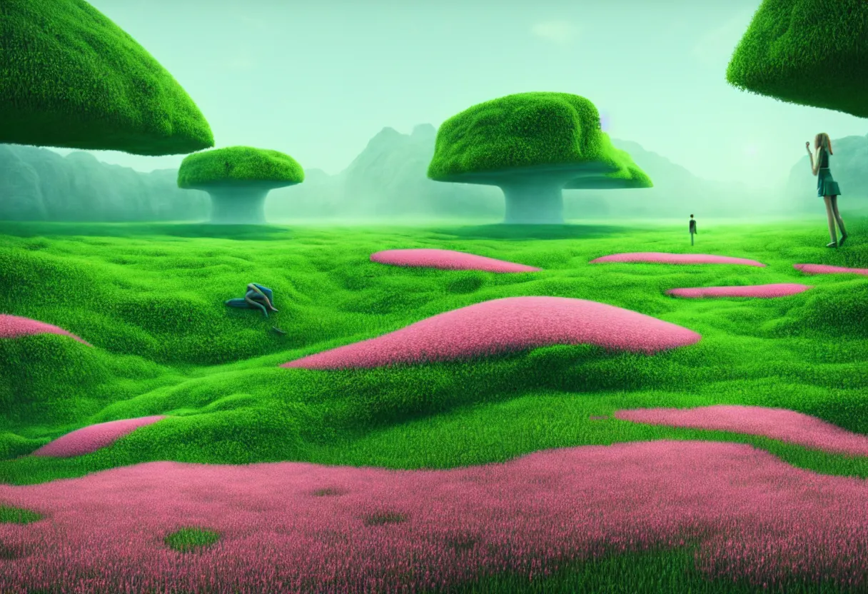Image similar to inside of alien lush summer green landscape of human mind and imagination with millions of pink flowers, morning fog, matte painting, beautiful render, octane render, concept art