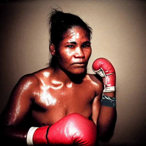 Image similar to close up portrait of woman boxer after boxing with brews blood sweating, photography photojournalism, very grainy image, 80mm lens, close up portrait polaroid