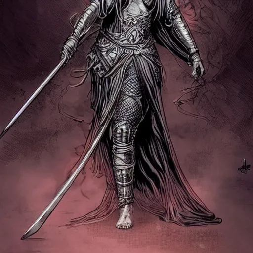 Prompt: a warrior woman in a hooded dark robe, her face is covered by a chain - mail veil, standing in a fighting stance and holding a long staff, intricate, elegant, highly detailed, smooth, sharp focus, high contrast, graphic novel, art by pepe larraz,