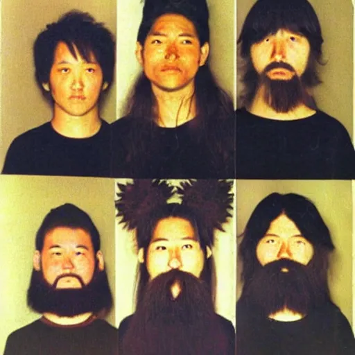 Image similar to secret full color photos form the year 1 9 9 9 of a cult in japan. everyone must not wear pants, they must wear shirts, all their hair is shaved off the side but very long on top. small beards are ok. you must carry a large vegetable in each hand at all times.