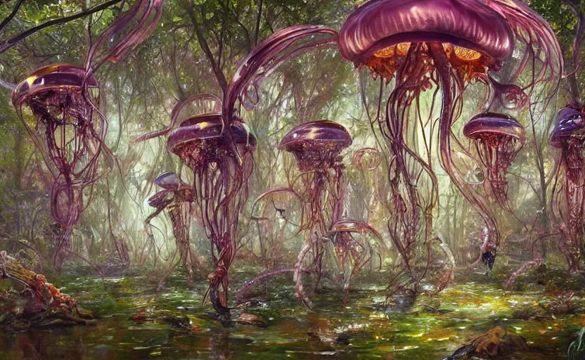 Image similar to Cyborg biomechanical jellyfish forest. By Konstantin Razumov, highly detailded