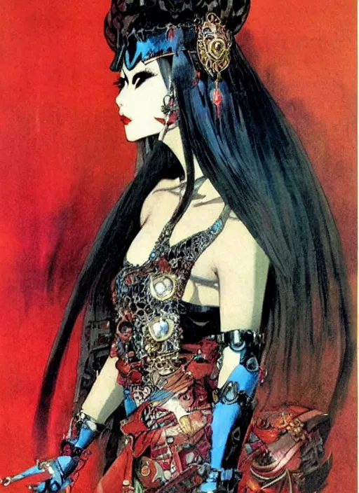 Image similar to female korean vampiress, jeweled headdress, heavy mascara, strong line, saturated color, beautiful! coherent! by frank frazetta, high contrast, minimalism