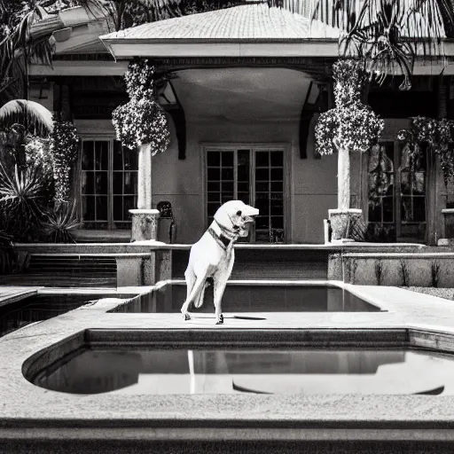 Image similar to a very detailed photo of a dog ( smoking a cigar ) outside the mansion by the pool