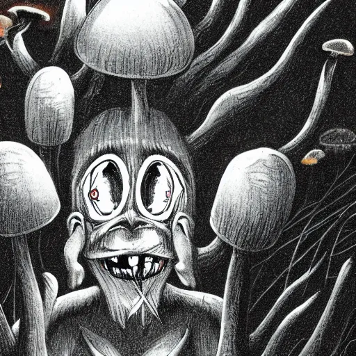 Image similar to a centered chest up portrait of a psychedelic demonic anthropomorphic wendigo smoking a hand - rolled cigarette smoking heavily, magic mushroom village in background. award winning. superb resolution. in the art style of junji ito and greg rutkowski. detailed mushroom city in background. hyper realistic anime. perfect art. dalle 2