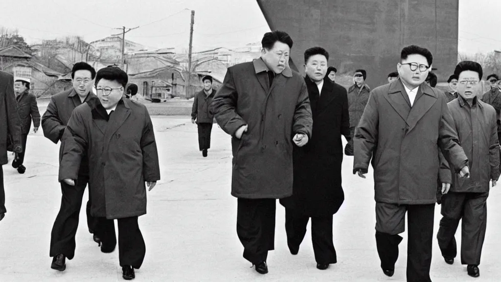 Image similar to kim jong - il walking in 1 9 6 0 s pyongyang, film noir thriller in the style of orson welles and andrei tarkovski