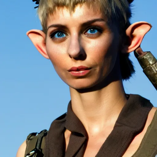 Prompt: close up headshot of a skinny female high-fantasy elf with a long face narrow chin and spiky blonde hair wearing dark brown overalls and holding a bomb next to a destroyed car, gel spiked blond hair, small ears, narrow lips, high resolution film still, HDR color