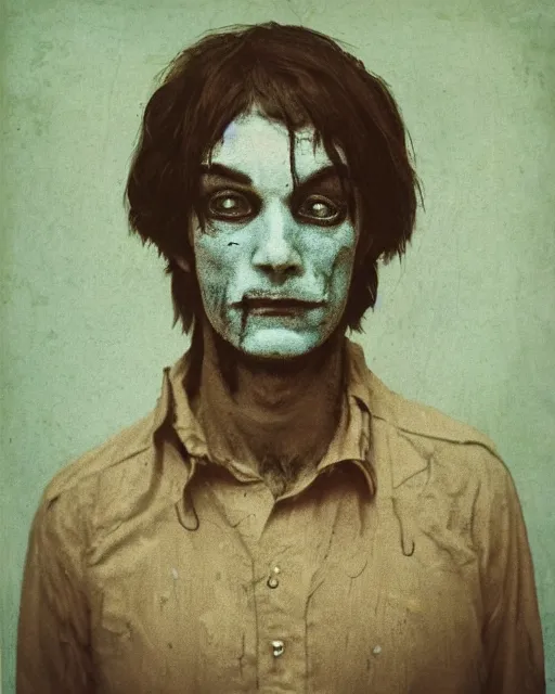 Image similar to an instant photo of a handsome but sinister ghost in layers of fear, with violence in his eyes, 1 9 7 0 s, seventies, woodlands, delicate embellishments, painterly, offset printing technique, by mary jane ansell