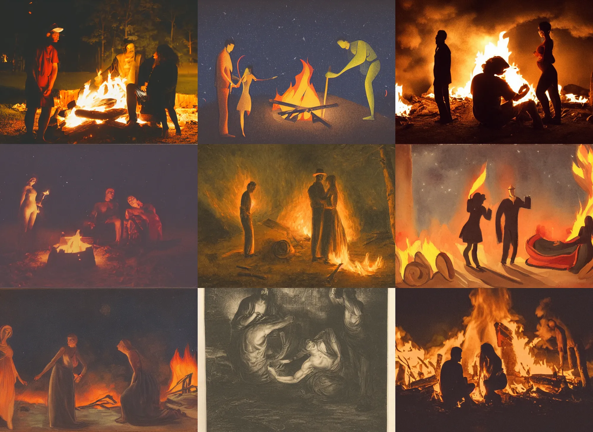 Prompt: man and woman around them fire, night scene