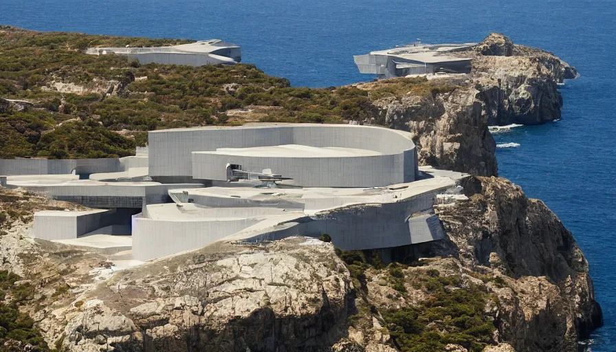 Prompt: big military base perched on a cliff overlooking a magnificient bay, laboratory, drawing architecture, science fiction, pritzker architecture prize, greig fraser