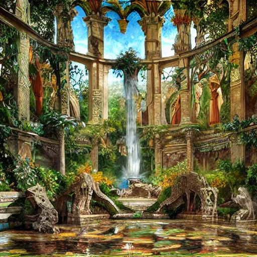 Prompt: a painting of a jungle ruins, celebrating a king being crowned, mosaic floor, stained glass windows, godrays, chandelier, pillars of marble, fountain of water, art by JohannesVoss, Donato Giancola, Ron Spencer, Aleksi Briclot, trending on artstation