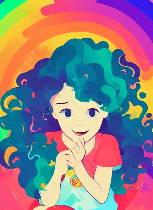 Image similar to a little girl with wavy curly rainbow hair sitting in an armchair. clean cel shaded vector art. shutterstock. behance hd by lois van baarle, artgerm, helen huang, by makoto shinkai and ilya kuvshinov, rossdraws, illustration, art by ilya kuvshinov