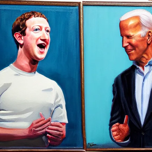 Prompt: mark zuckerberg talks to joe biden, oil painting, ideal, painting