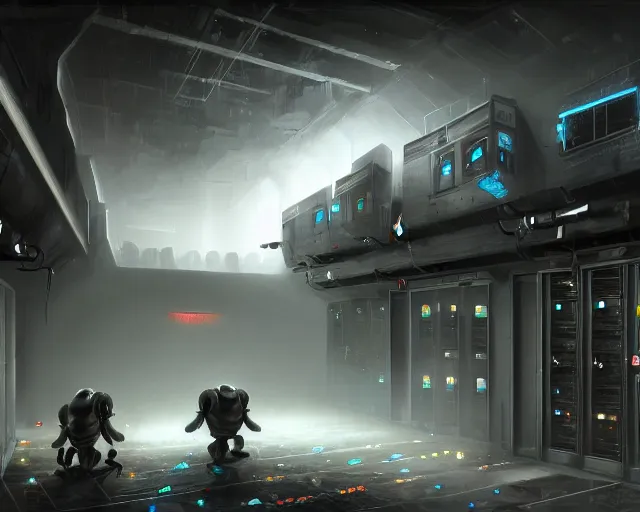 Image similar to gloomy ruined server room in datacenter painting concept art of monkey robot colossus, sharp focus, emitting diodes, smoke, artillery, pacing, computers, racks, motherboard, by pascal blanche rutkowski repin artstation detailed matte painting, 4 k resolution