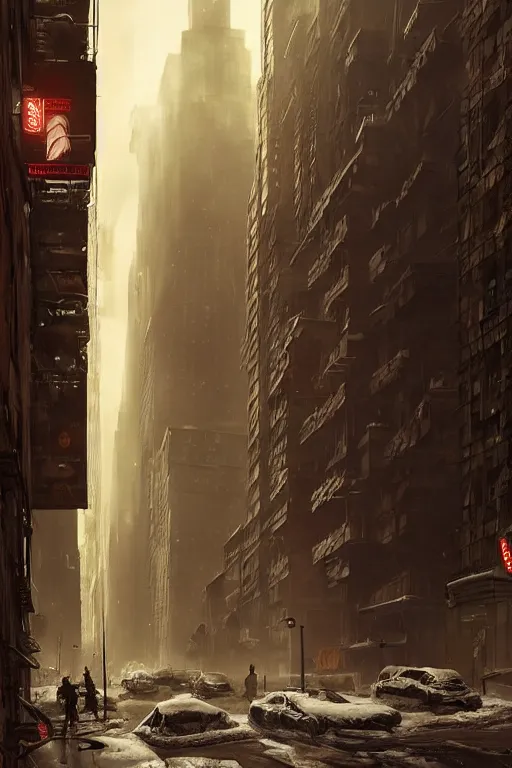 Prompt: Street in post apocalyptic Manhattan new york after a Blizzard, snow Storm, dramatic lighting, cinematic, establishing shot, extremly high detail, photo realistic, cinematic lighting, post processed, concept art, artstation, matte painting, style by eddie mendoza, raphael lacoste, alex ross