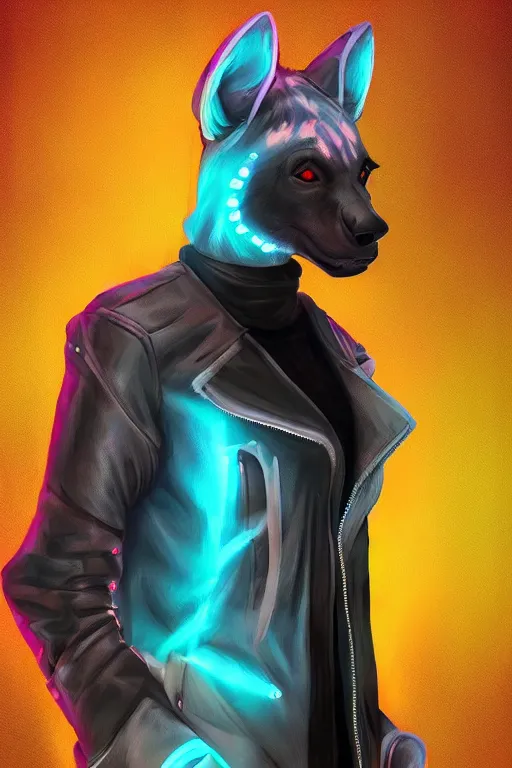 Image similar to digital painting of anthromorphic hyena female, fursona, furry fandom, neon rainy cyberpunk setting, anthro, wearing cyberpunk leather jacket, detailed face,