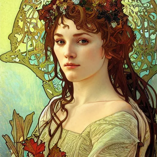 Prompt: realistic detailed face portrait of a beautiful young medieval queen of Autumn Maple trees by Alphonse Mucha, Ayami Kojima, Amano, Greg Hildebrandt, and Mark Brooks, Art Nouveau, Neo-Gothic, gothic