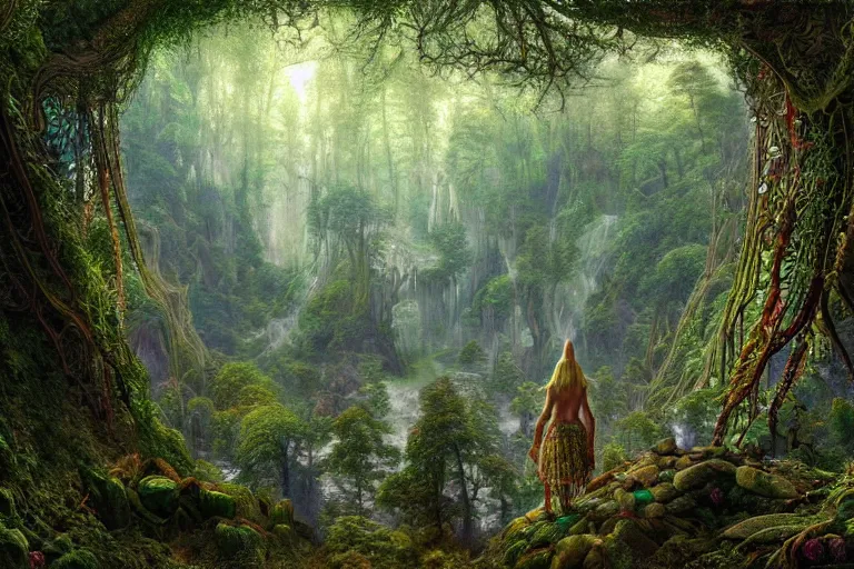 Image similar to a beautiful and highly detailed digital painting of an epic elven construction in an intricately woven forest in the misty mountains, psychedelic patterns, intricate details, epic scale, 8 k, sharp focus, photorealism, artstation, cgsociety, by caspar friedrich, albert bierstadt, james gurney, brian froud,