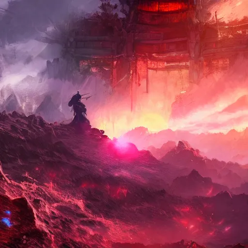 Image similar to a still of a samurai standing in the ruins of crux prime, destroyed castle, purple and blue fiery maelstrom in the distance, digital art, artstationhq