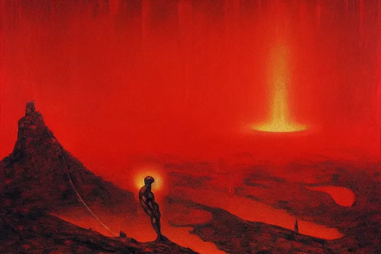 Image similar to only with red, a red melted apollo with a laurel wreath and a flaming sword announce the win, athens in the background, in the style of beksinski, part by hopper, part by rodcenko, part by hofbauer, intricate composition, red by caravaggio, insanely quality, highly detailed, masterpiece, red light, artstation