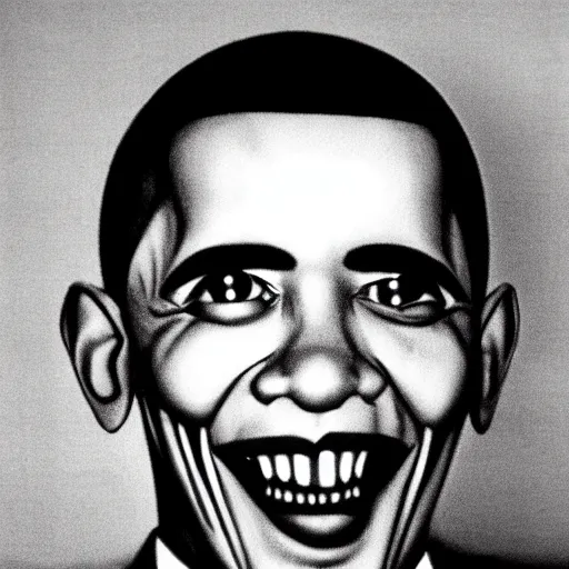 Prompt: black and white photo of a uncanny, scary, creepy Obama with sharp teeth, realistic