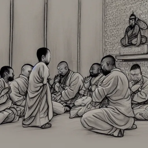 Image similar to pencil sketch of raekwon of wutang clan praying in front of a shaolin temple art by kim jung gi