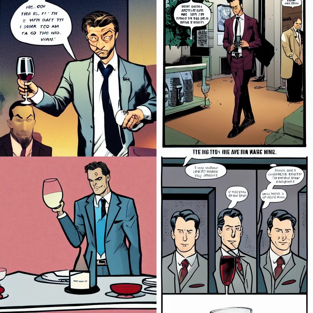 Prompt: a man in a suit holding a glass of wine, a comic book panel by chip zdarsky, trending on tumblr, symbolism, dc comics, marvel comics, aesthetic