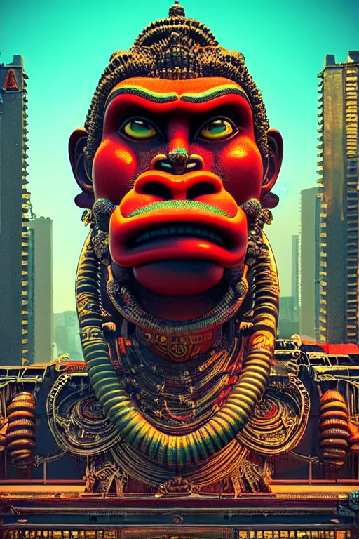 Image similar to high quality 3 d render post - rococo cyberpunk hanuman! head building, neon madhubani, highly detailed, in sci - fi mumbai, cinematic smooth unreal engine, lee madgwick & liam wong, dramatic light, low angle, uhd 8 k, sharp focus