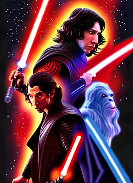 Prompt: movie poster for the new star wars movie, kylo ren fights jar jar binks, by drew struzan