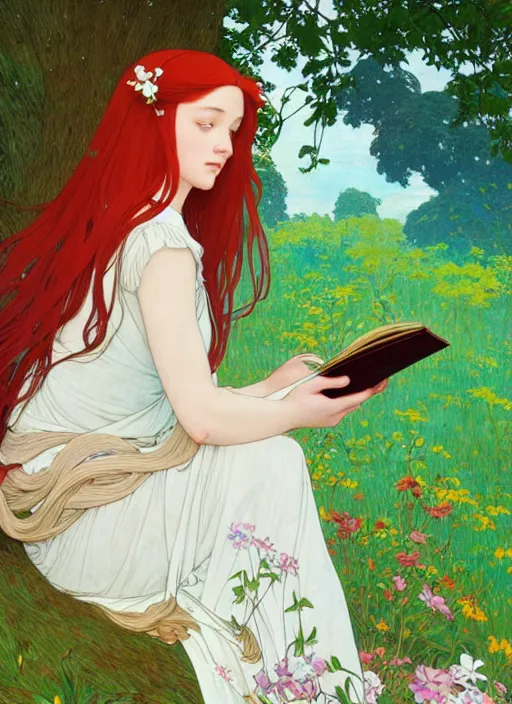 Prompt: pretty young woman resembling alicia vikander with long red hair, reading a book under a tree, path traced, highly detailed, high quality, digital painting, by studio ghibli and alphonse mucha, leesha hannigan, hidari, art nouveau, chiho aoshima, jules bastien - lepage