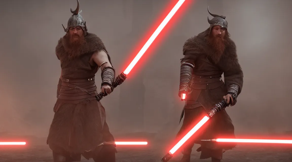 Prompt: Viking and sith wielding lightsabers background Canon, 100mm, octane render, photorealistic, detailed, cinematic, 8k no blur, volumetric lightning