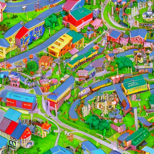 Image similar to zoomed in section of a larger map of busytown, extreme detail, sharp colors, octane render, 8k