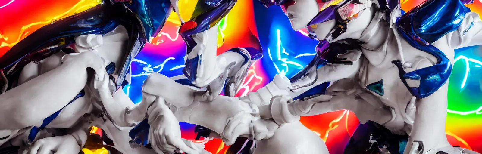 Image similar to beautifully lit extreme close up photo of a white marble statue of an anime girl with colorful motocross logos and motorcycle helmet with closed visor, colorful smoke in the background, carved marble statue, fine art, neon genesis evangelion, virgil abloh, offwhite, denoise, highly detailed, 8 k, hyperreal