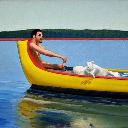 Image similar to klay thompson on a boat in the bay with his white rat, oil on canvas by wayne thiebaud