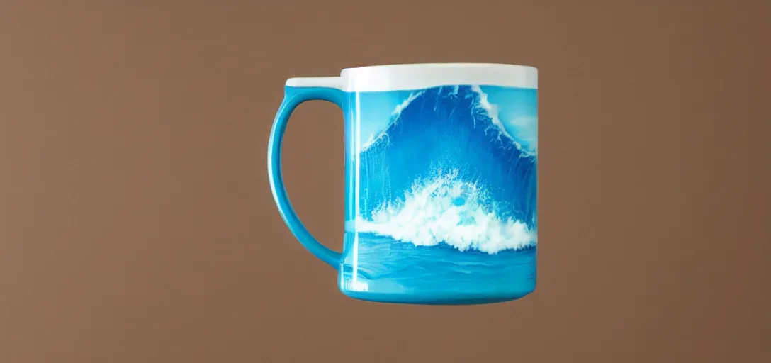 Image similar to A mug with a tsunami as a drink