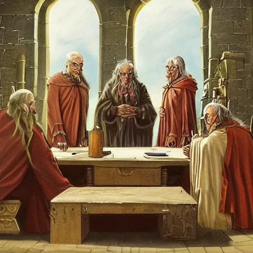 Image similar to a council of elders deliberating, fantasy art, robed, historical, highly realistic, highly detailed