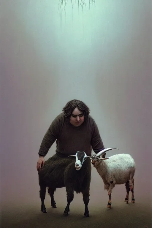 Image similar to painting of hybrid between human andy milonakis and a goat, by zdzislaw beksinski, by tiffany bozic, cold hue's, warm tone gradient background, concept art, beautiful composition, digital painting